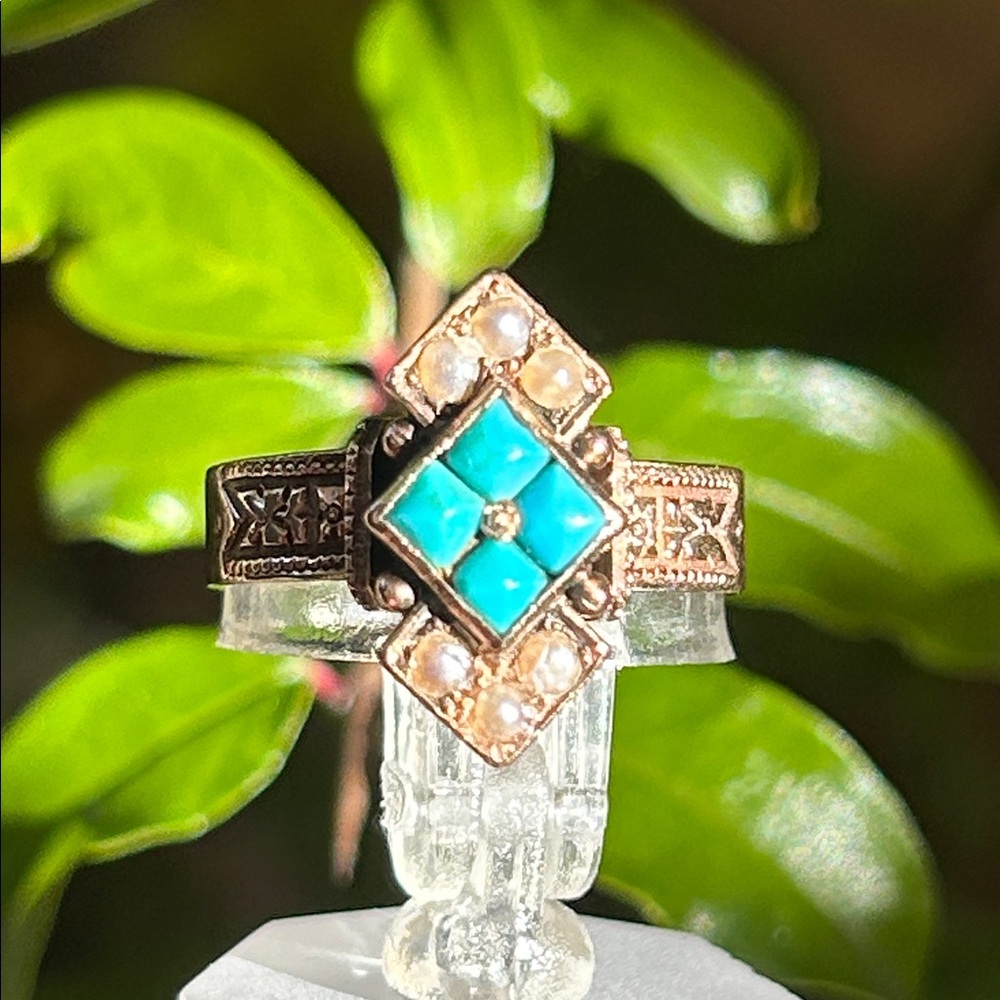 Victorian 14K Rose Gold Sleeping Beauty Turquoise Seed Pearls Ring Size 5.75